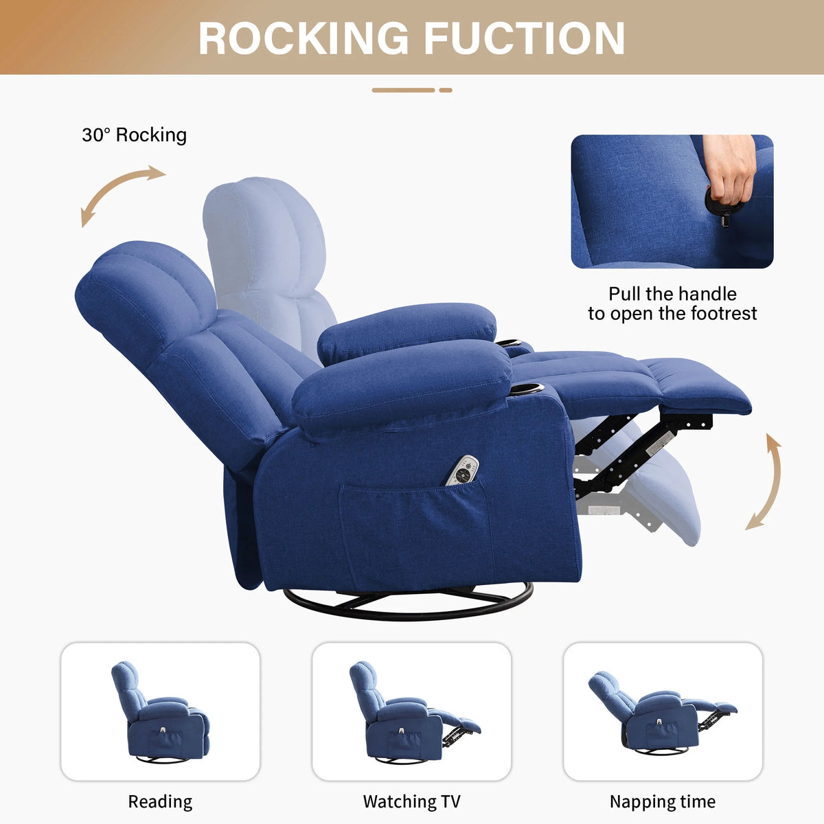 JONPONY Manual Recliner Chair with Heat Therapy and Massage Function, Heavy Duty Reclining Mechanism Massage Chair, Elderly Single Rocker Sofa with Cup Holders for Bedroom Home Theater,Grey