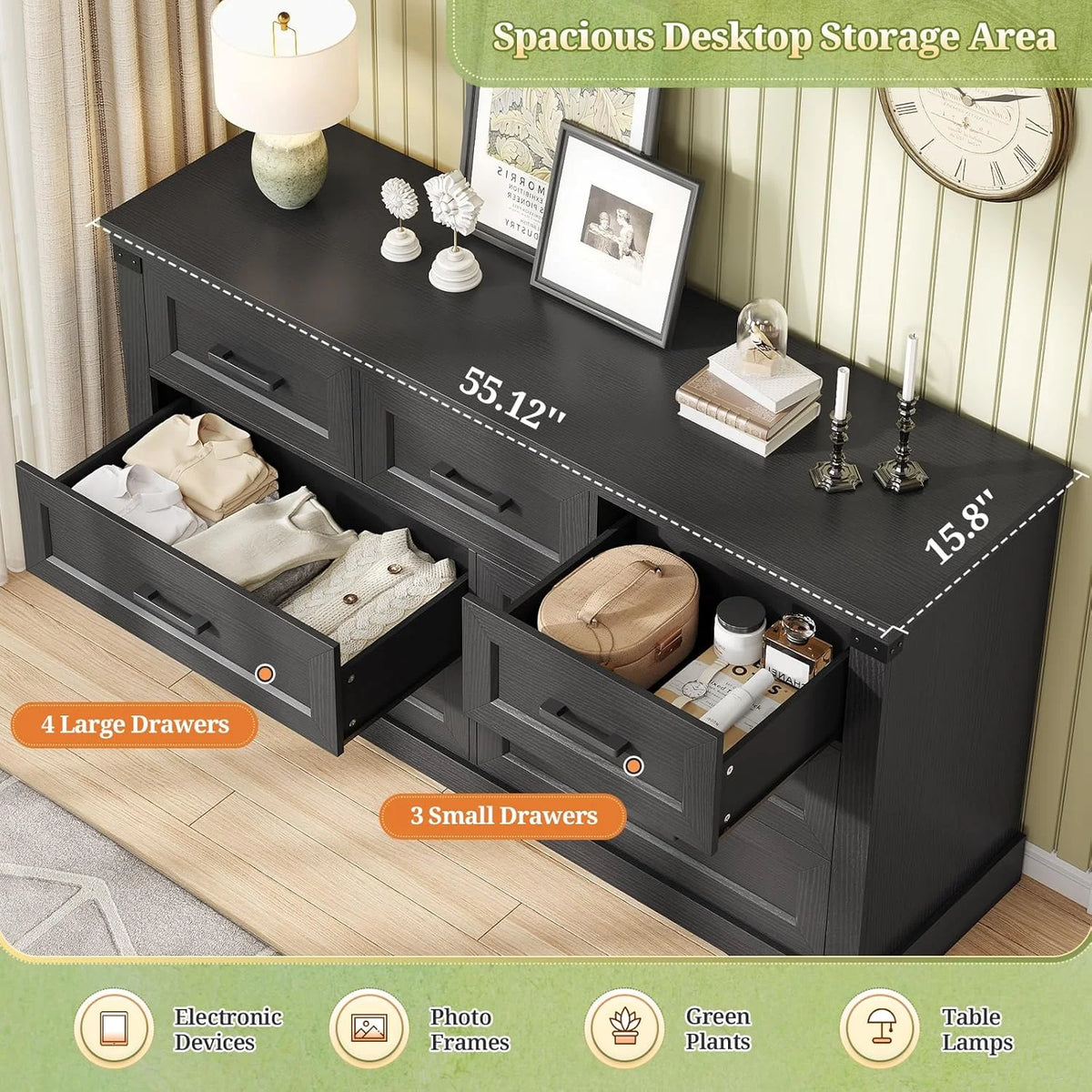 Aunfebrco Black Dresser for Bedroom Farmhouse 7 Drawers Dresser & Chest of Drawers with Thick Styling, Large Clothing Storage Organizer for Living Room