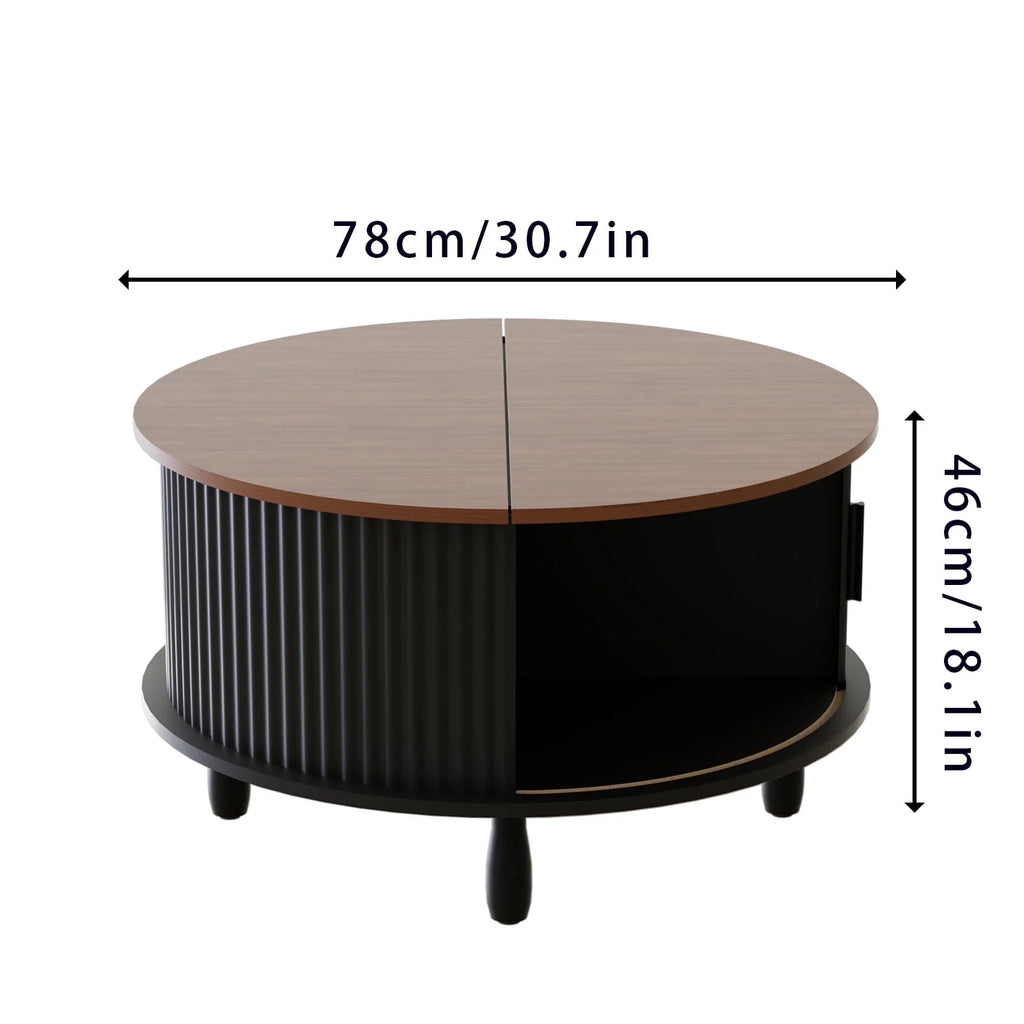 RUMLIVE Round Coffee Table with Storage, 30.7" Modern Coffee Table with 360 Curved Sliding Door, Fluted Wood Coffee Table with Footpads, Round Center Table for Living Room, Black