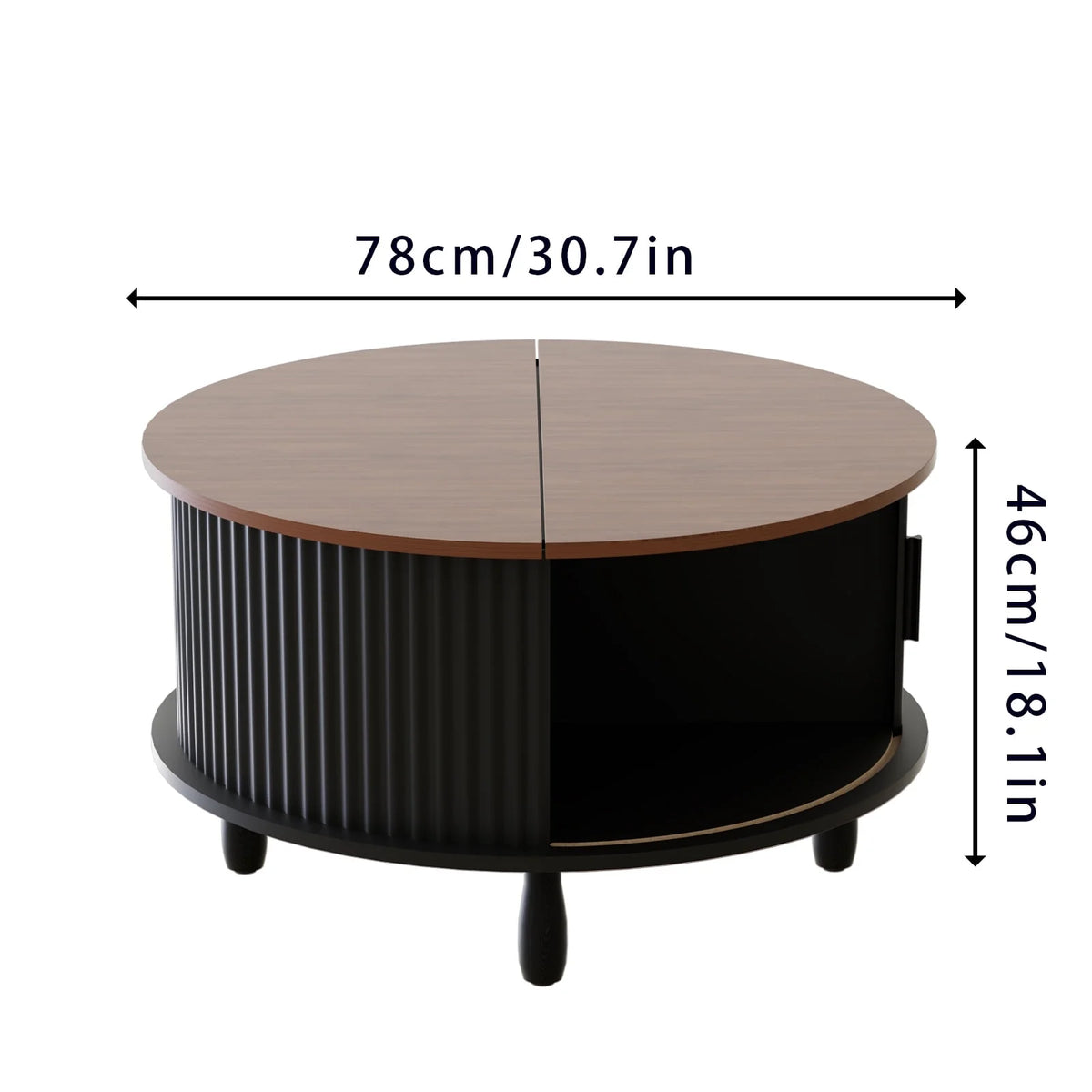 RUMLIVE Round Coffee Table with Storage, 30.7" Modern Coffee Table with 360 Curved Sliding Door, Fluted Wood Coffee Table with Footpads, Round Center Table for Living Room, Black