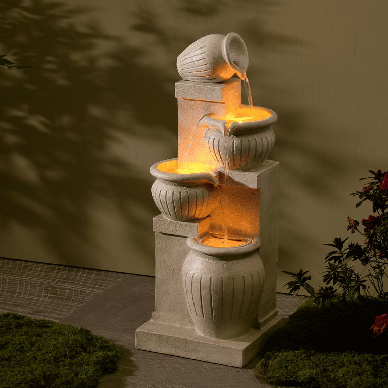 Teamson Home Outdoor Water Fountain with Lights 4-Tier Cascading Bowl Design with LED Light & Solar Pump, Solar-Powered Water Fountain Outdoor Garden, Yard, or Patio Dcor, Navy Blue