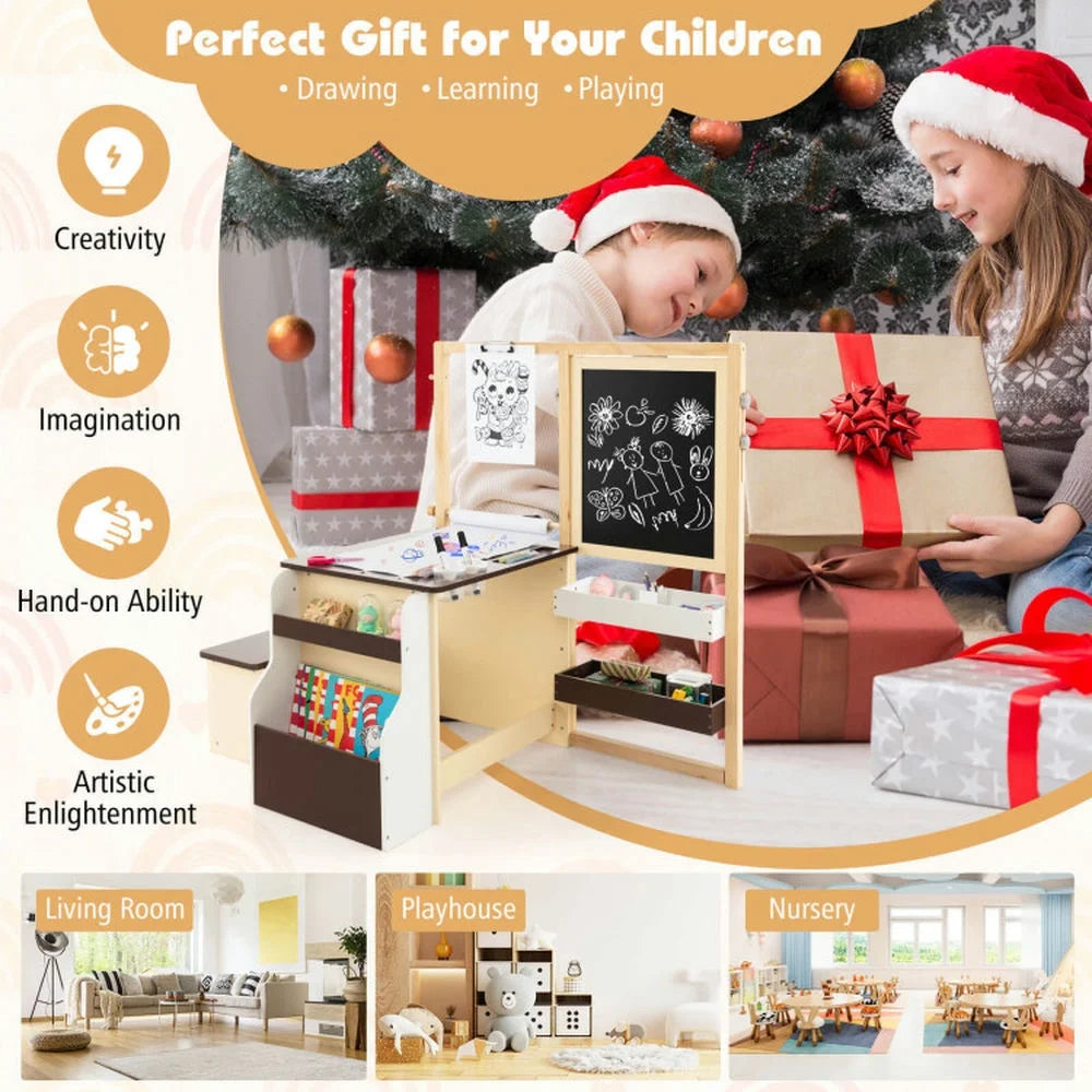 Spaco Kids Art Center Wooden Table Bench Set-Brown, Toddler Table and Chair Set for Arts & Crafts, Snack Time, Homeschooling, Homework