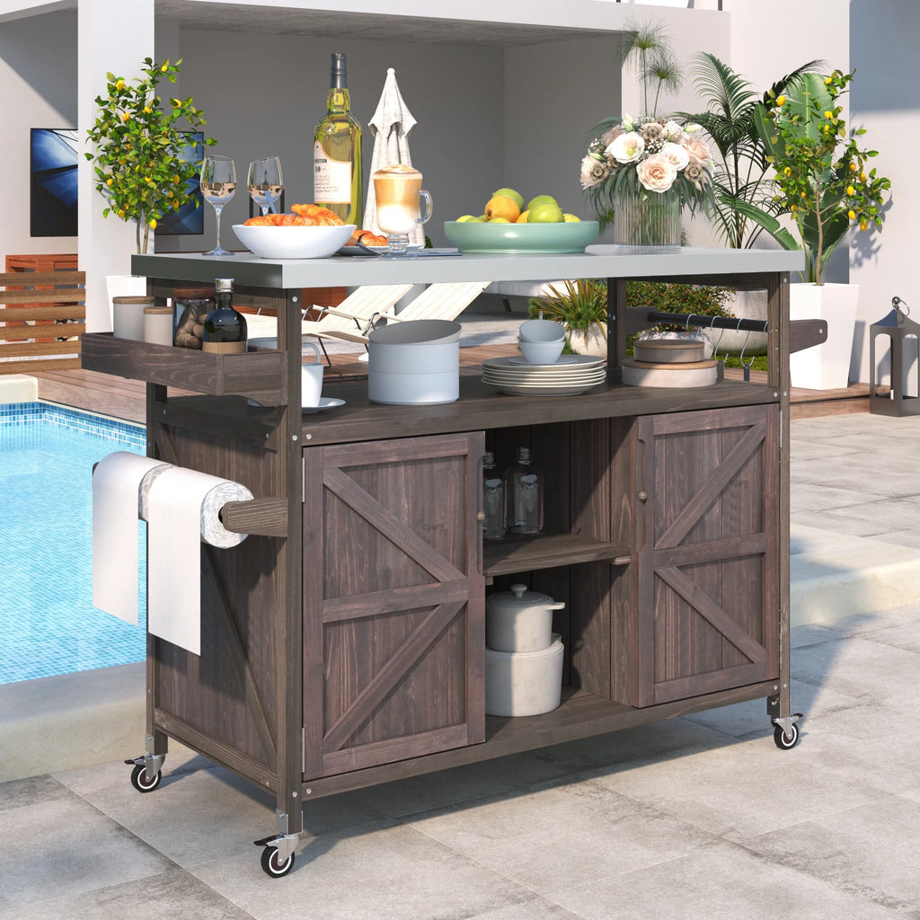 Outdoor Kitchen Island, Rolling Bar Cart & Storage Cabinet, Farmhouse Solid Wood Outdoor Grill Table with Stainless Steel Top, Spice Rack , Towel Rack for Kitchen & BBQ , Natural