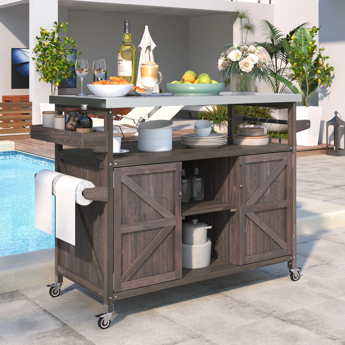 Outdoor Kitchen Island, Rolling Bar Cart & Storage Cabinet, Farmhouse Solid Wood Outdoor Grill Table with Stainless Steel Top, Spice Rack , Towel Rack for Kitchen & BBQ , Natural