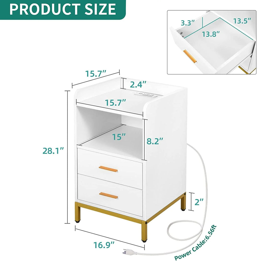 DEXTRUS Side Table with Charging Station, 3-Drawer LED Light Bedside End Table Nightstand for Bedroom Living Room Small Space, White