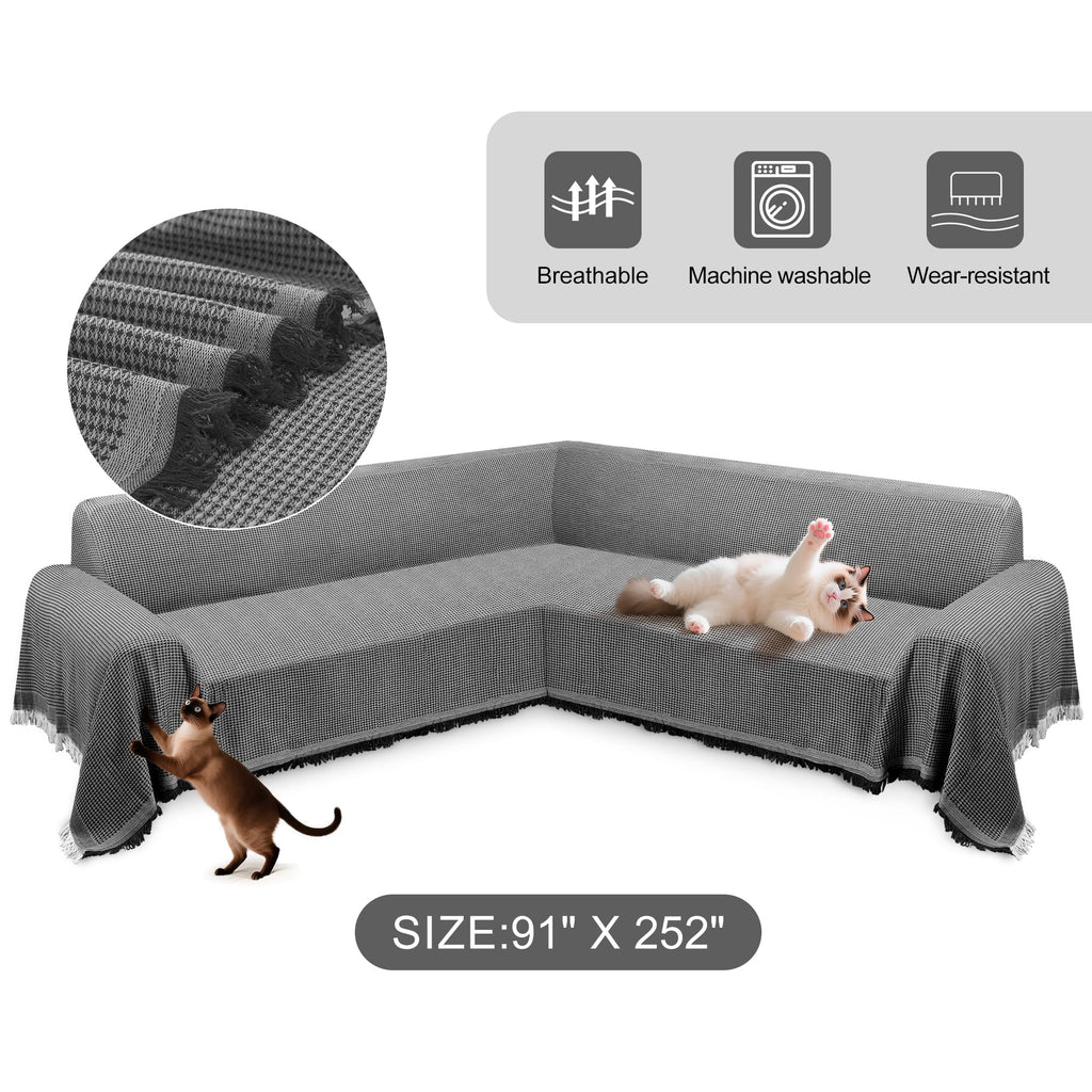 HDCAXKJ Washable L Shape Sofa Covers Reversible Sectional Couch Covers Corner Sofa Slipcovers Blankets Sofa Cover for Living Room Home Decor,91"x252",Gray