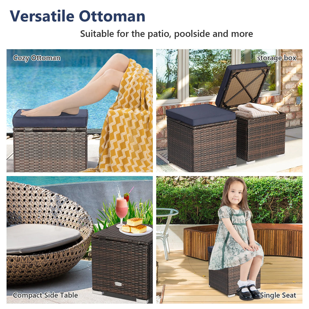 Costway 2PC Patio Rattan Ottoman Seat Side Table Storage Box Footrest Off White