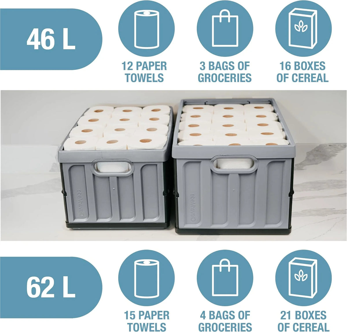 CleverMade 3 Pack Stackable Collapsible Storage Bin with Lids - 16 Gal Ocean