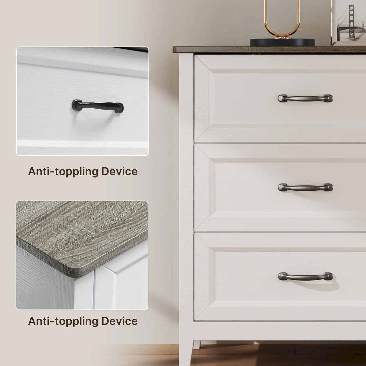 White Dresser, Lofka 6 Drawer Dresser for Bedroom, Chests of Drawers for Living Room, White Brown