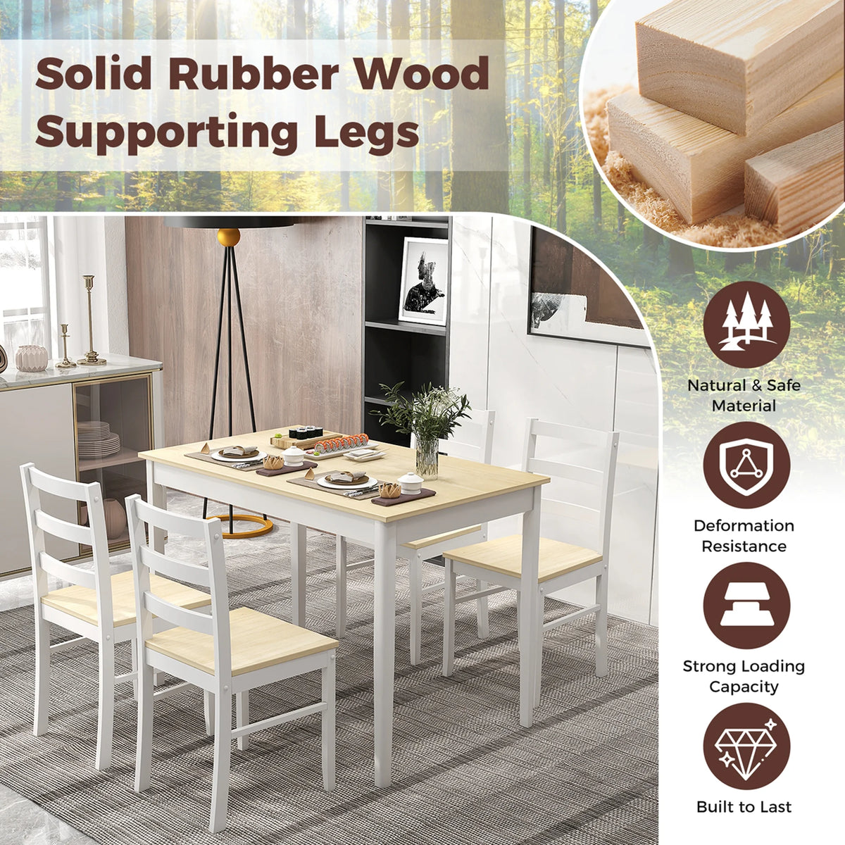 Costway 5-Piece Dining Set Solid Wood Kitchen Furniture with Rectangular Table & 4 Chairs