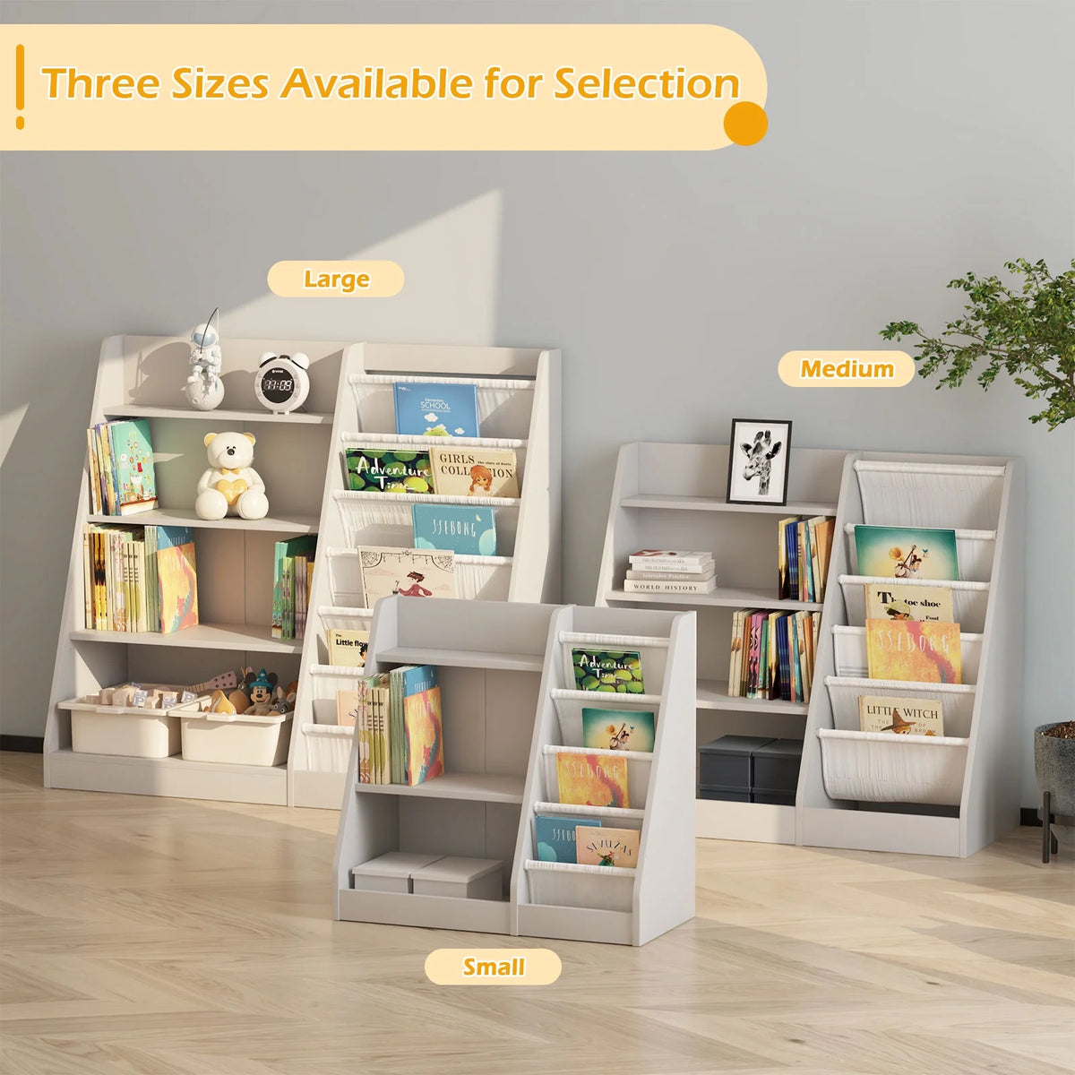 Hironpal Small 3 Tier Kids Bookshelf with 4 Layer Sling Adjustable Book Display Shelf for Nursery Playroom Kids Baby Bedroom