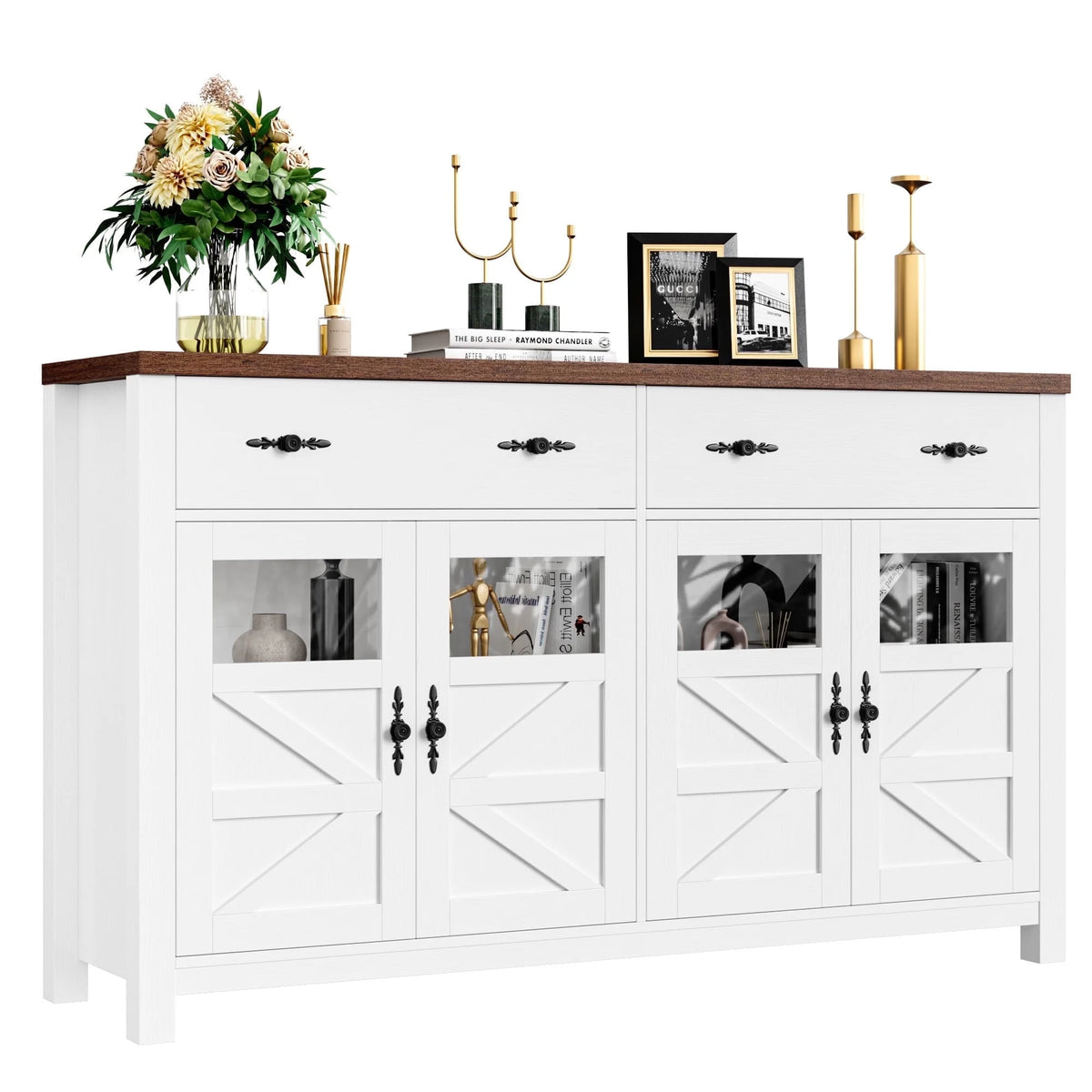 Homfa Farmhouse 55.1"WKitchen Buffet Cabinet with Storage Drawer & Adjustable Shelf, Glass Door Wood Sideboard Credenza Coffee Bar with for Dining Room Living Room, White & Black