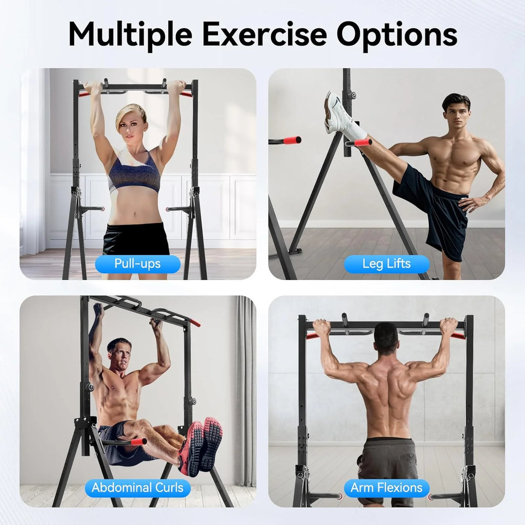 Power Tower Pull Up Bar Station Foldable Pull Up Rack Dip Station 5.74-7.55ft Height Adjustable Home Strength Training Fitness Workout Equipment, Up to 440lbs (With double bars)