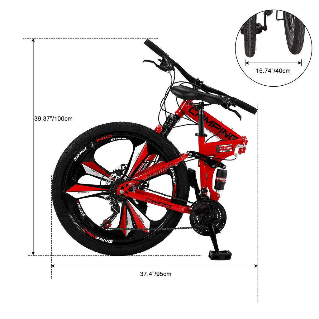 Ktaxon 26 inch 21 Speeds Folding Mountain Bike High Carbon Steel, for Adults Men Women, Red