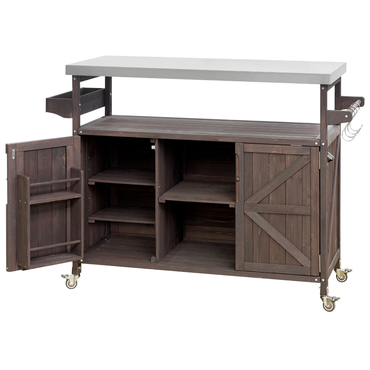 Outdoor Kitchen Island, Rolling Bar Cart & Storage Cabinet, Farmhouse Solid Wood Outdoor Grill Table with Stainless Steel Top, Spice Rack , Towel Rack for Kitchen & BBQ , Natural