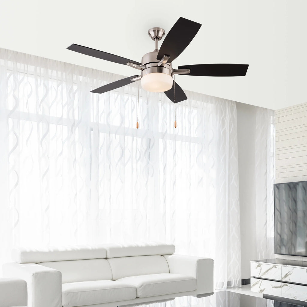 Simpol 52" Prominent Indoor Ceiling Fan with LED Light, Pull Chain and Remote Control, Reversible AC Motor, Walnut/Silver Reversible Blades and Satin Nickel Finish