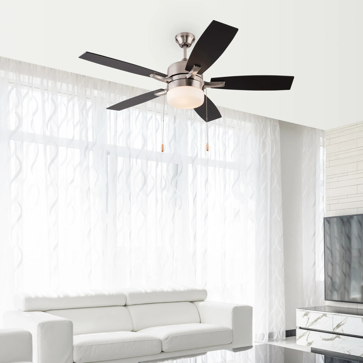 Simpol 52" Prominent Indoor Ceiling Fan with LED Light, Pull Chain and Remote Control, Reversible AC Motor, Walnut/Silver Reversible Blades and Satin Nickel Finish