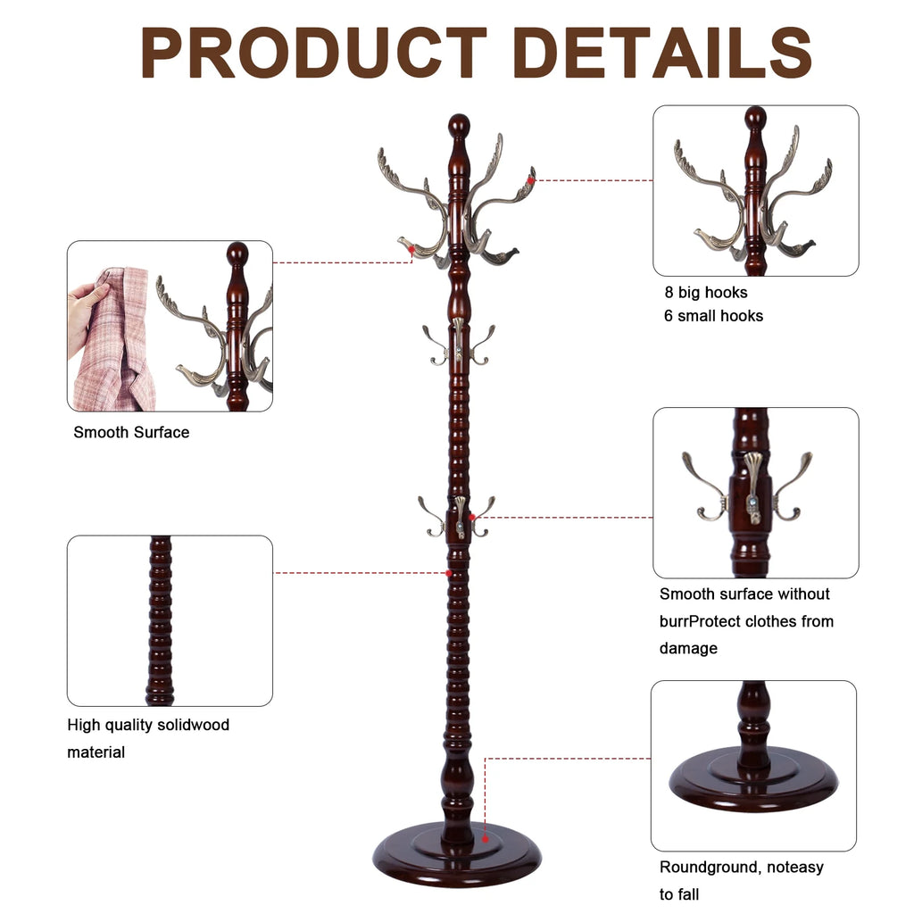 Coat Rack Freestanding, Hall Tree with 11 Hooks, Heavy Duty Wooden Coat Tree Stand, Adjustable Height, Sturdy Base for Bedroom Hallway Office - Load 270lbs
