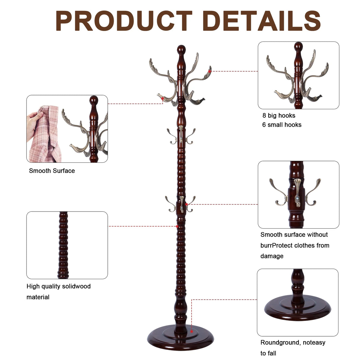 Coat Rack Freestanding, Hall Tree with 11 Hooks, Heavy Duty Wooden Coat Tree Stand, Adjustable Height, Sturdy Base for Bedroom Hallway Office - Load 270lbs