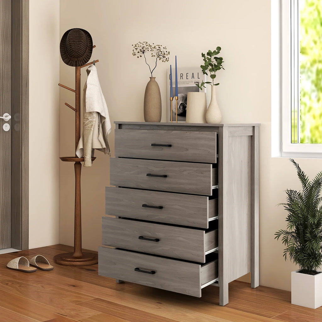 Costway Modern 5 Drawer Chest Storage Dresser Cabinet with Metal Handles Gray Oak