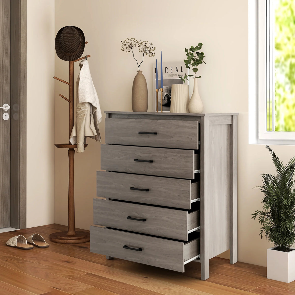Costway Modern 5 Drawer Chest Storage Dresser Cabinet with Metal Handles Gray Oak