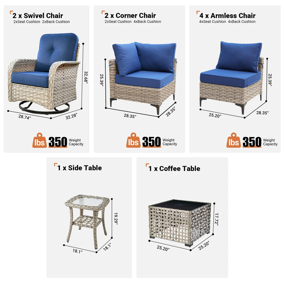 Vcatnet Outdoor Patio Furniture Sets 10 Pieces Sectional Sofa Wicker Conversation Set with Swivel Glider Chairs and Solar Powered Coffee Table for Porch,Backyard,Gray