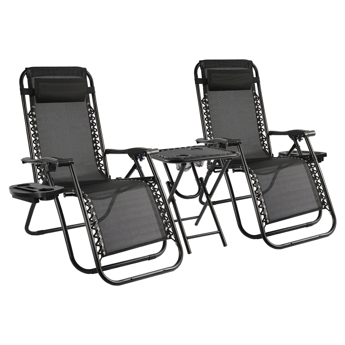 Vineego 3 Pieces Zero Gravity Chair Patio Foldable Chaise Lounge Chairs 2 Beach Chairs and Table with Cup Holders,Beige