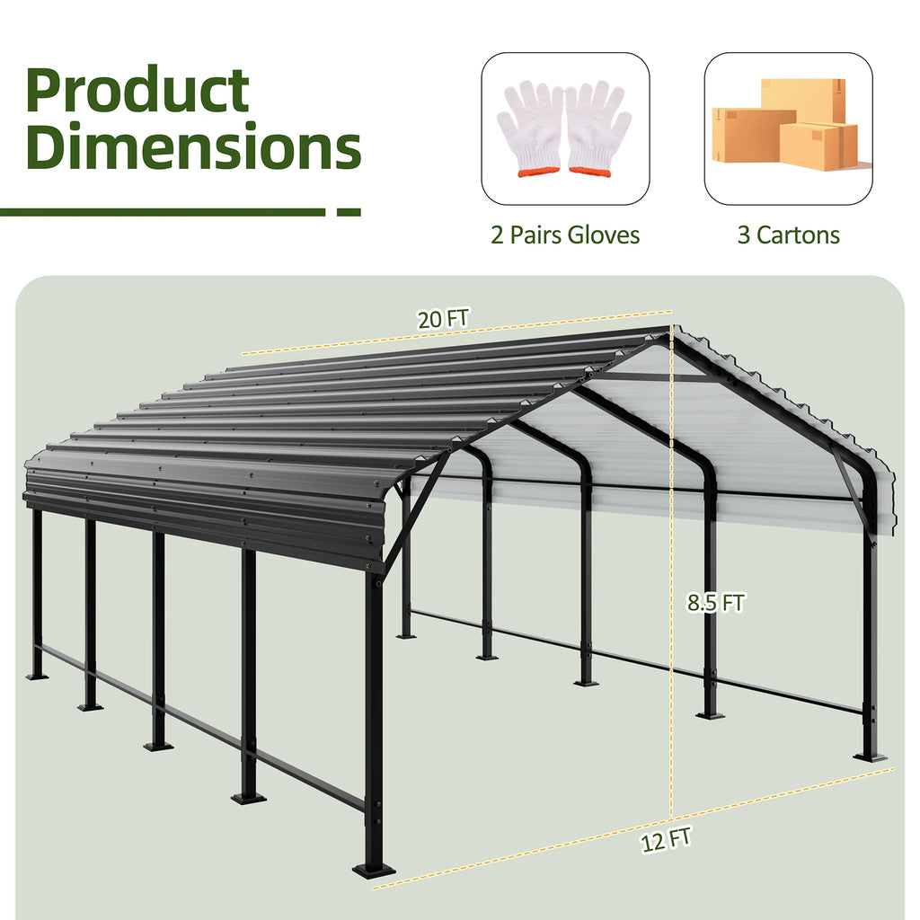 Walsunny 12X20 FT Carport, Outdoor Heavy Duty Carport Canopy with Galvanized Steel Roof, Metal Carport Extra Large Garage Car Storage Shelter