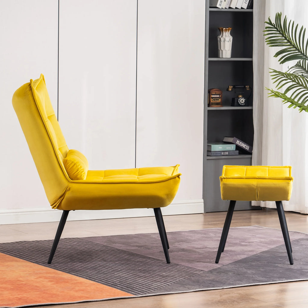 MCombo Accent Chair with Ottoman, Velvet Modern Chairs with Metal Legs for Living Room 4079 (Yellow)