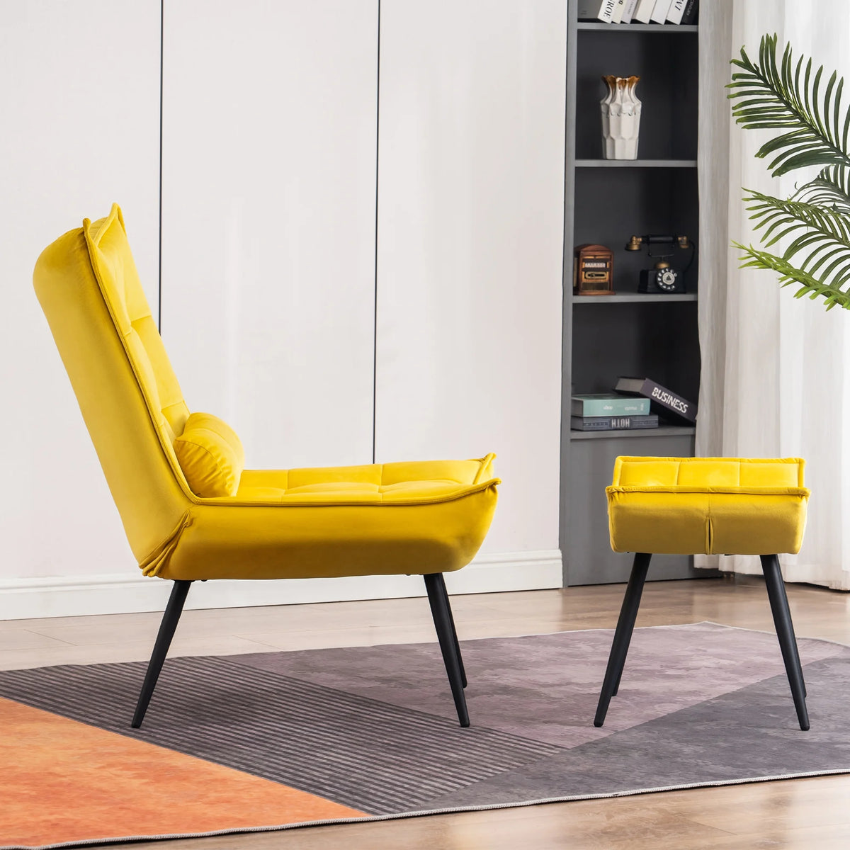 MCombo Accent Chair with Ottoman, Velvet Modern Chairs with Metal Legs for Living Room 4079 (Yellow)