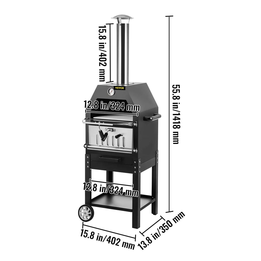 VEVOR Outdoor Pizza Oven, 12" Wood Fire Oven, 2-Layer Pizza Oven Wood Fired, Wood Burning Outdoor Pizza Oven with 2 Removable Wheels, Wood Fired Pizza Maker Ovens