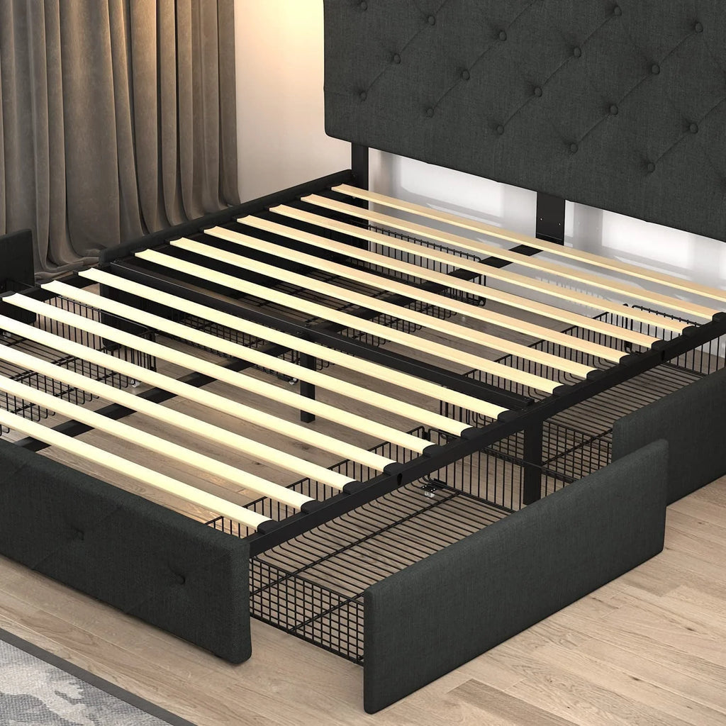Allewie Queen Platform Bed Frame with 4 Drawers Storage and Headboard, Diamond Stitched Button Tufted Upholstered Mattress Foundation with Wood Slat Support, Dark Grey