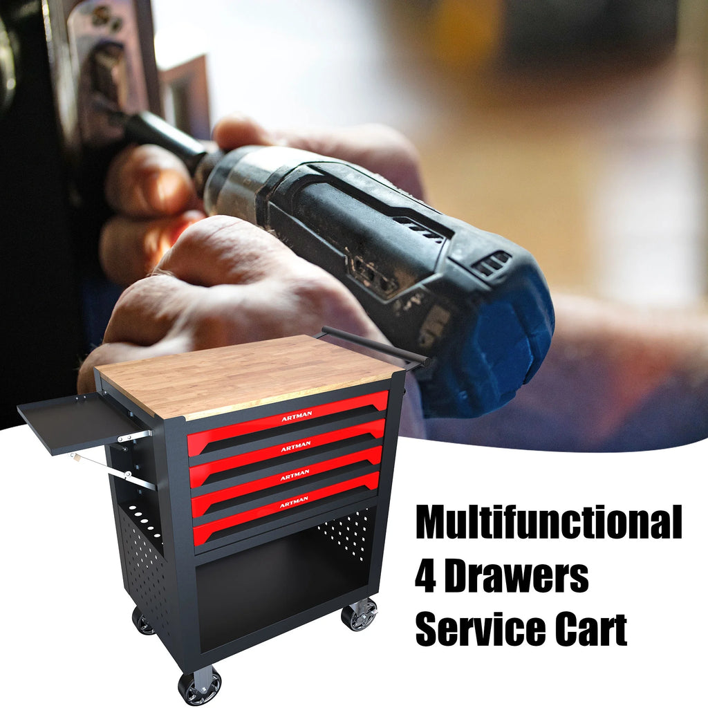 ARTMAN 4-Drawer Tool Cart with Wheels and Drawers ,Wood Top Tool Box Cart for Workshop Warehouse Garage