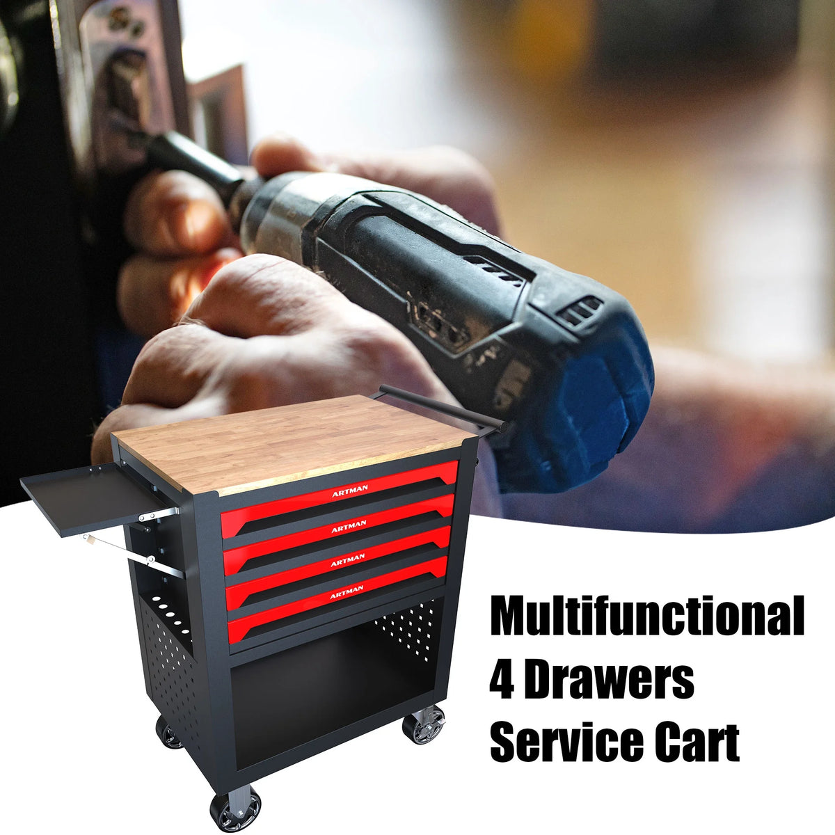 ARTMAN 4-Drawer Tool Cart with Wheels and Drawers ,Wood Top Tool Box Cart for Workshop Warehouse Garage