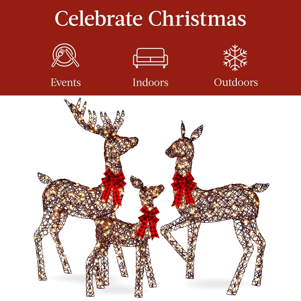 Best Choice Products 6.5ft 3-Piece Lighted Christmas Deer Set Outdoor Yard Decoration w/ 385 LED Lights, Stakes - Gold