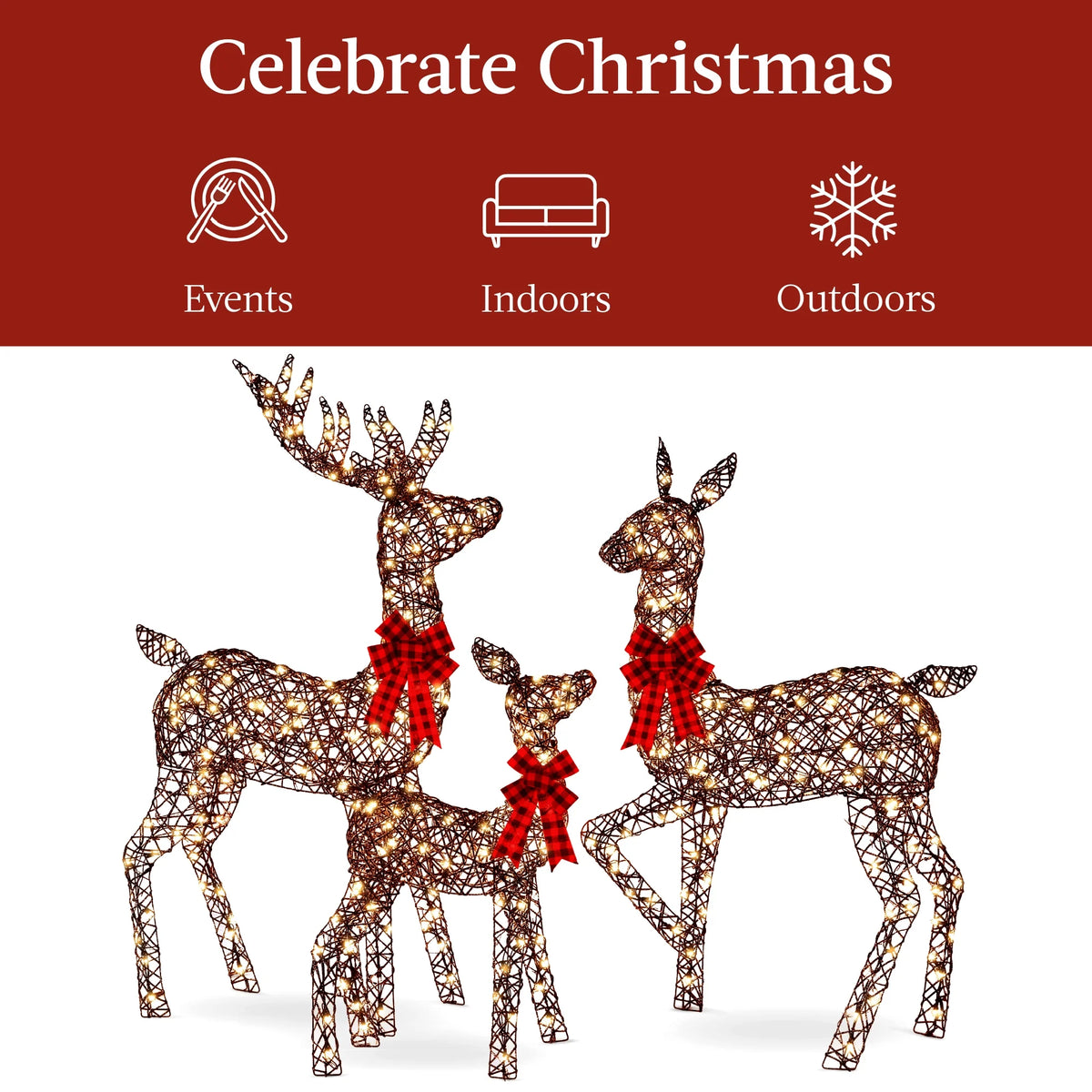 Best Choice Products 6.5ft 3-Piece Lighted Christmas Deer Set Outdoor Yard Decoration w/ 385 LED Lights, Stakes - Gold