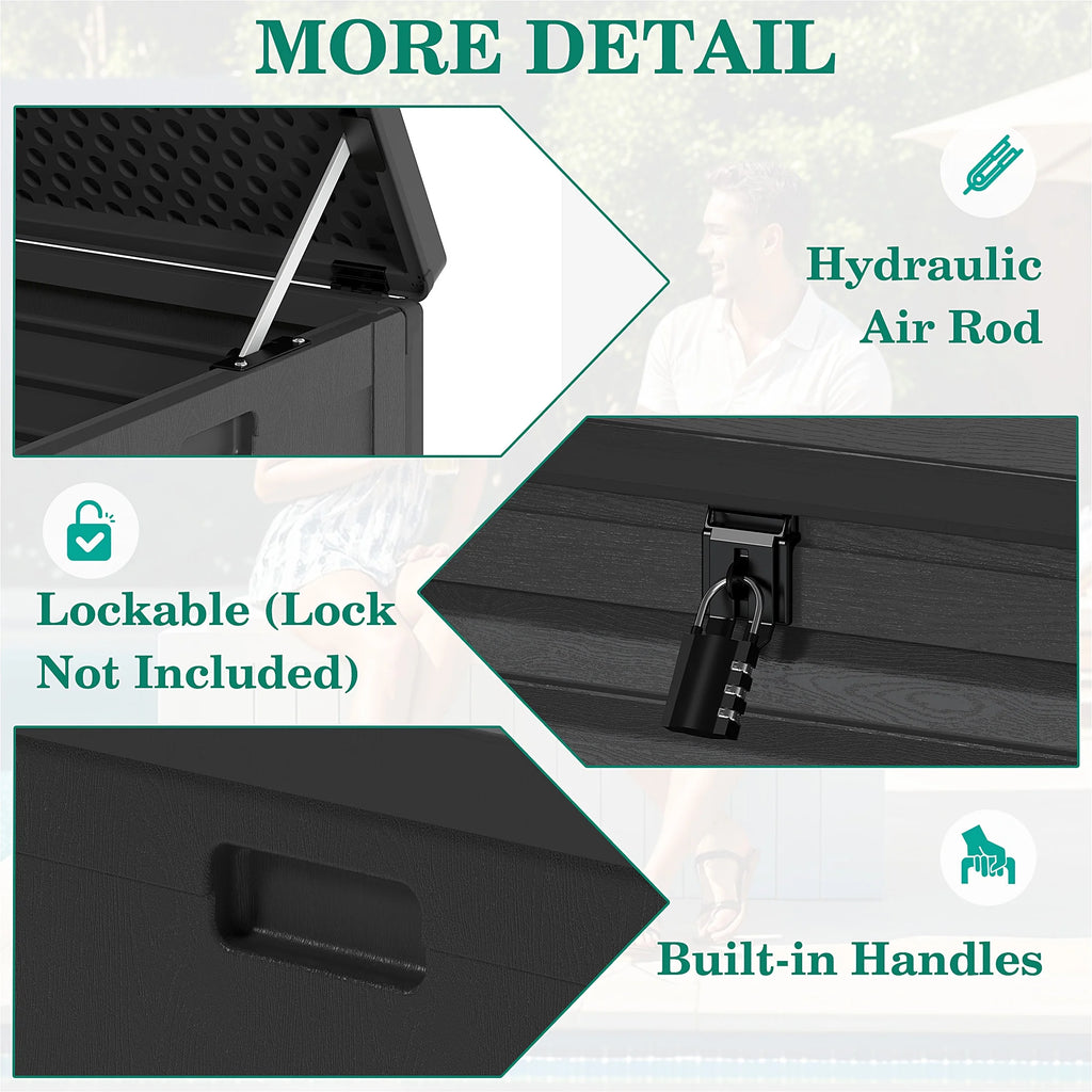 130 Gallon Resin Deck Box, Outdoor Lockable Storage Container for Patio Cushions, Garden Tools, Pool Supplies, Toys, Waterproof and UV Resistant, Reinforced Rib Design, Gray