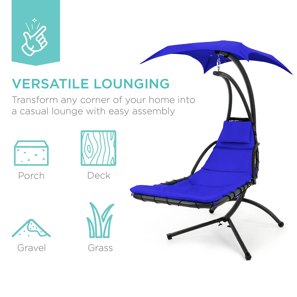 Best Choice Products Hanging Curved Chaise Lounge Chair Swing for Backyard, Patio w/ Pillow, Shade, Stand - Teal
