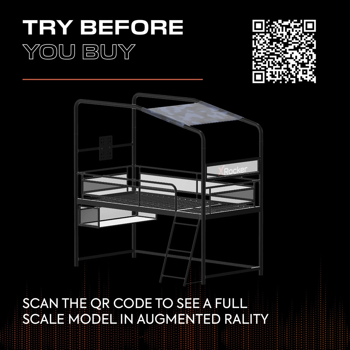 X Rocker Contra Mid-Sleeper Gaming Bed with TV Mount, Black, Twin, Children, Teen, 74.88 H