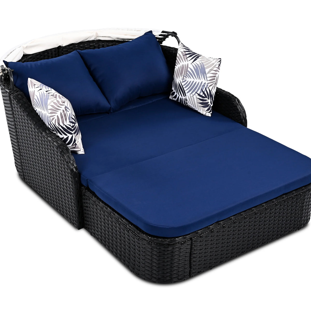 Outdoor Sun Lounger With Adjustable Canopy And Relaxing Pillow - Pe Black Blue Cushion 79.9" Daybed Cozy
