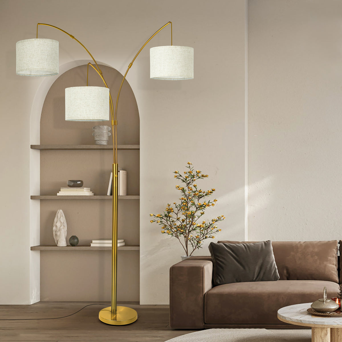 Netin 80 3-Light Modern Dimmable Black Arc Floor Lamp with Beige Shades
