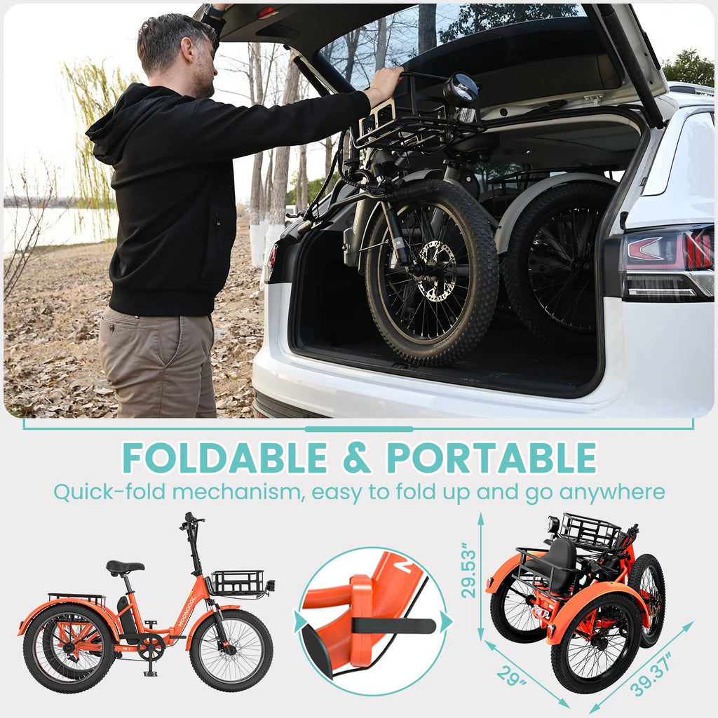MOONCOOL TK1 Folding Electric Tricycle for Adults,48V 14.5Ah Removable battery, 500W Peak 1000w Motor, 20" Fat Tire Step-Thru 3Wheel Electric Bicycle w/Front&Rear Baskets, Certified to UL 2849 by SGS