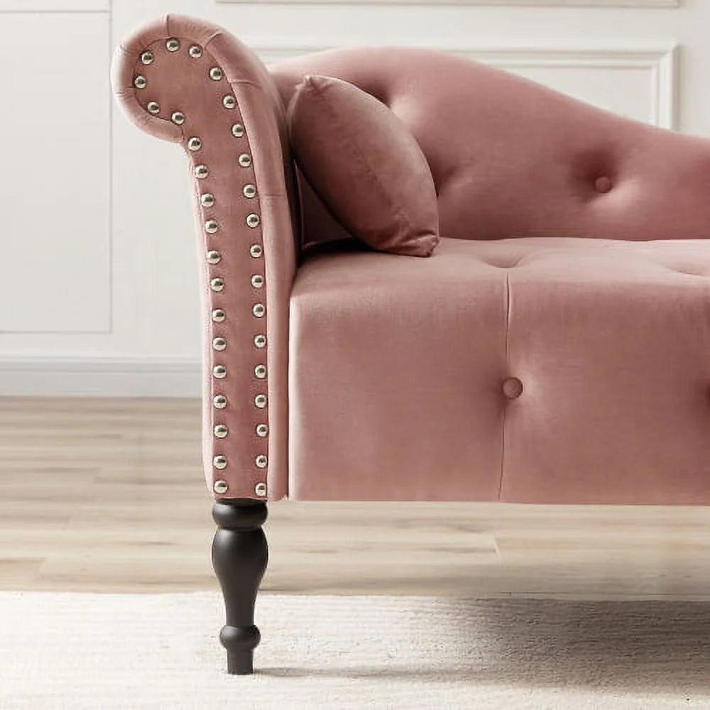 60.6" Velvet Chaise Lounge Chair, Sleeper Lounge Sofa with Buttons Tufted and Nailhead Trimmed, Modern Tufted Long Lounger with 1 Pillow and Solid Wood Legs, for Living Room or Office, Rose