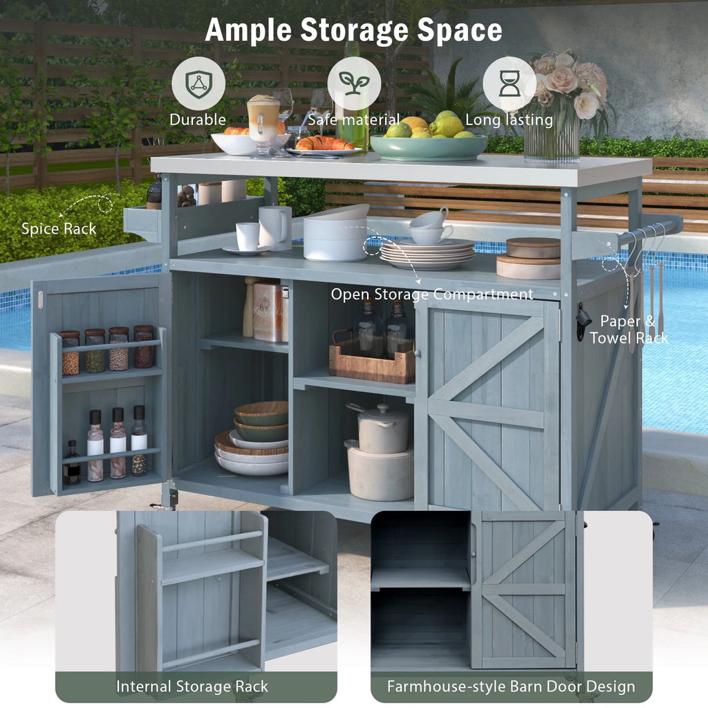 Outdoor Kitchen Island, Rolling Bar Cart & Storage Cabinet, Farmhouse Solid Wood Outdoor Grill Table with Stainless Steel Top, Spice Rack , Towel Rack for Kitchen & BBQ , Natural