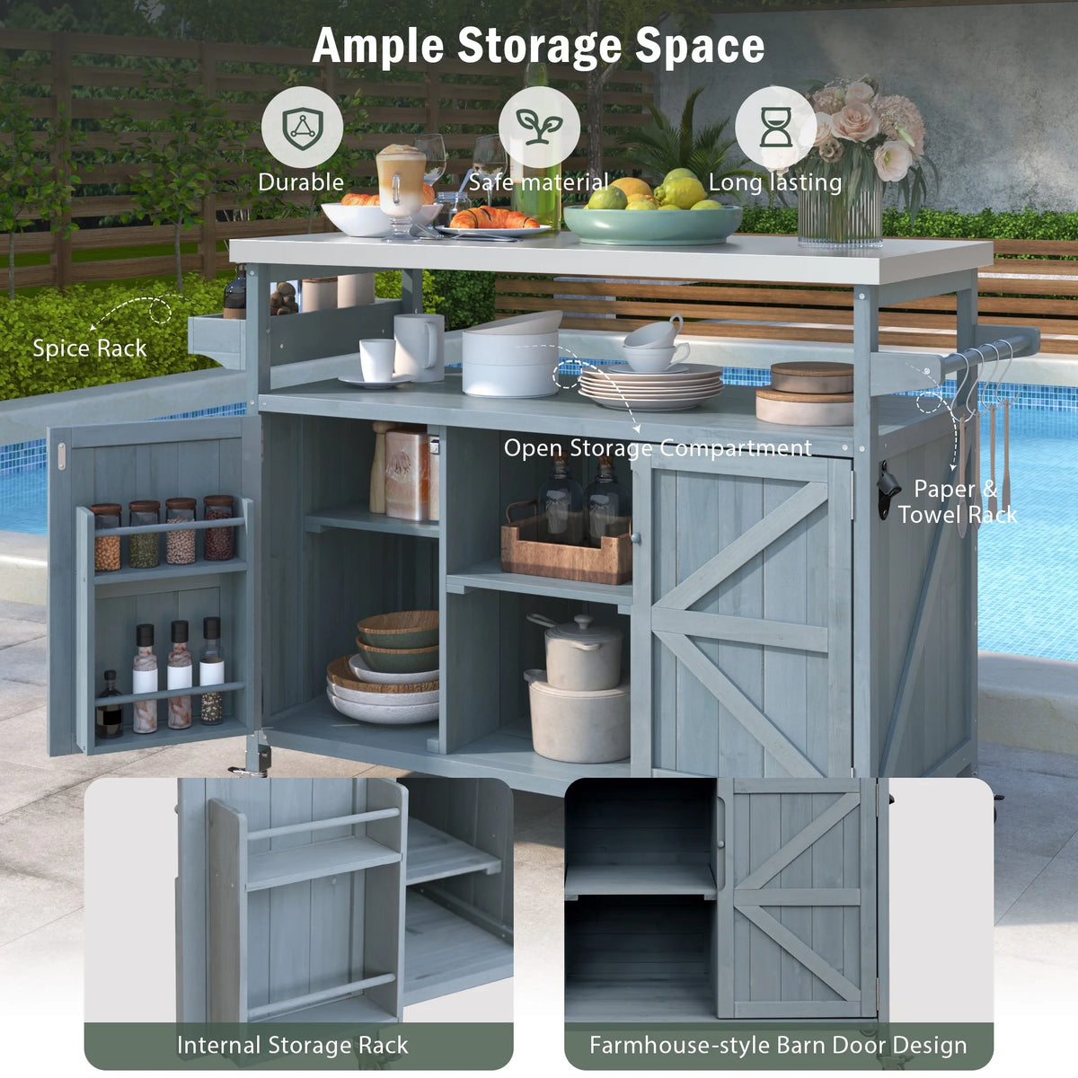 Outdoor Kitchen Island, Rolling Bar Cart & Storage Cabinet, Farmhouse Solid Wood Outdoor Grill Table with Stainless Steel Top, Spice Rack , Towel Rack for Kitchen & BBQ , Natural