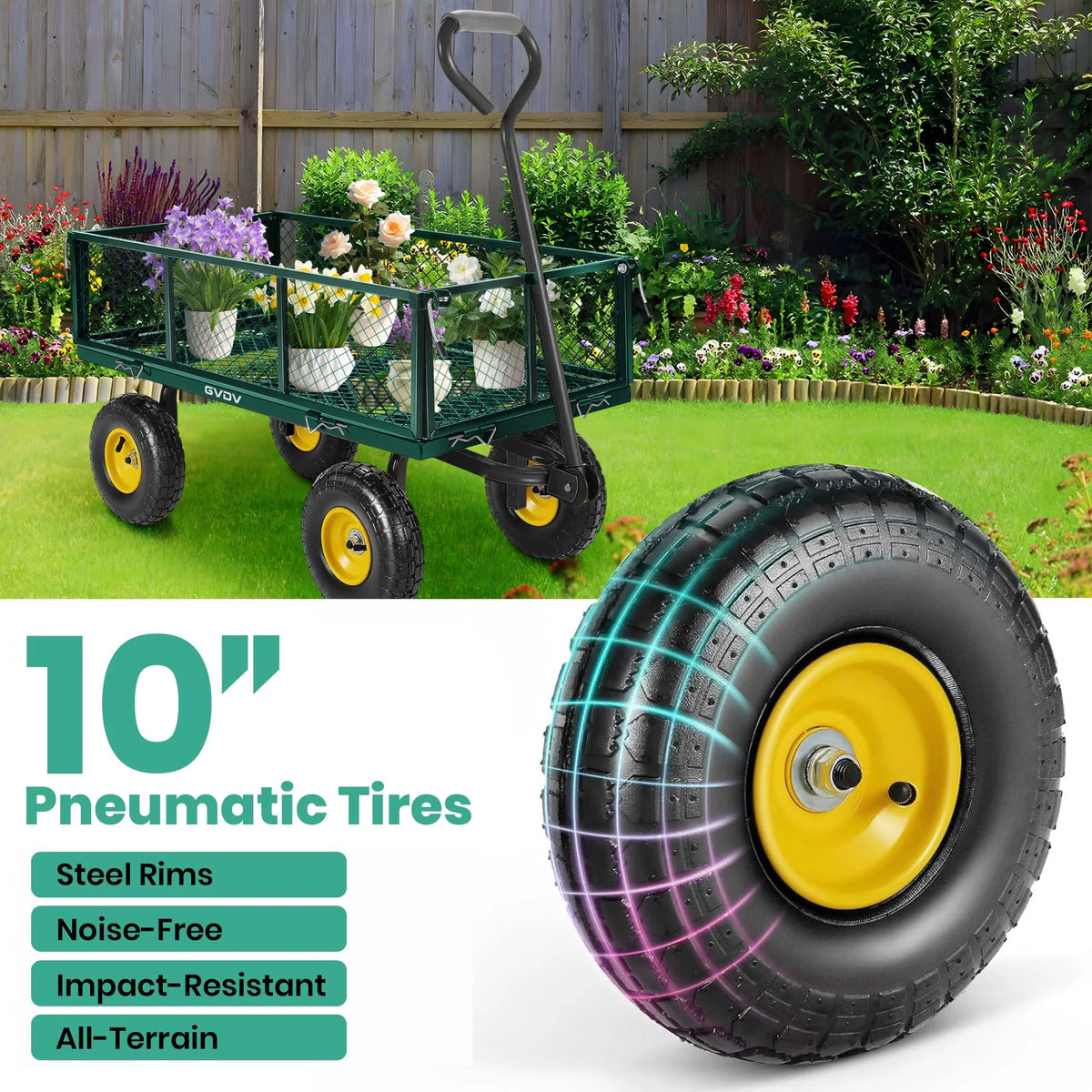 GVDV Heavy Duty Steel Garden Cart with Liner, 660lbs Capacity, 3 Cu ft, 10" All-Terrain Wheels, Black/Yellow Durable Utility Cart for Yard Work, Hauling, and Outdoor Use