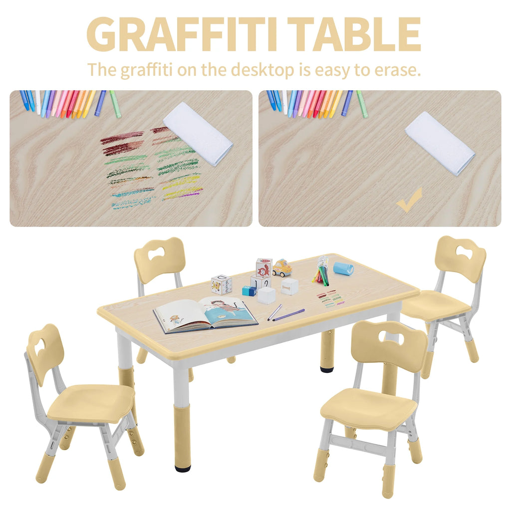 Toddler Table and Chairs Set for 4, 47.2''L x 23.6''W Kids Study Table and Chair Set, Height-Adjustable, Graffiti Desktop, Children Activity Table for Daycare, Classroom, Home