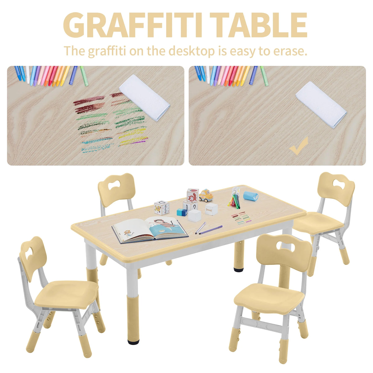 Toddler Table and Chairs Set for 4, 47.2''L x 23.6''W Kids Study Table and Chair Set, Height-Adjustable, Graffiti Desktop, Children Activity Table for Daycare, Classroom, Home