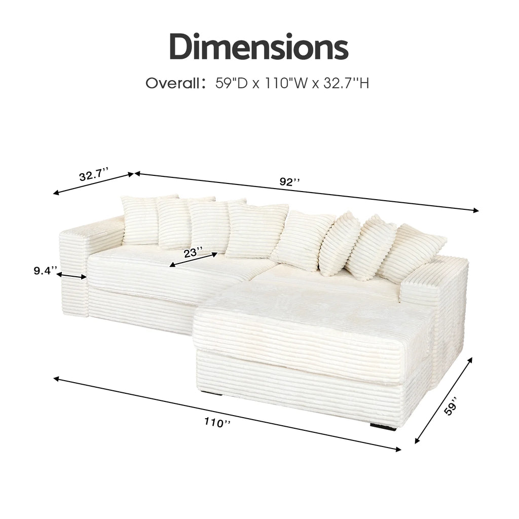 Advwin 110" Oversized L Shaped Sofa with Chaise, Comfy Plush 2-Piece L-Shaped Sectional Couches with 8 Pillows, Soft Fluffy Upholstered Sofa Bed for Living Room Apartment Bedroom, Light Gray