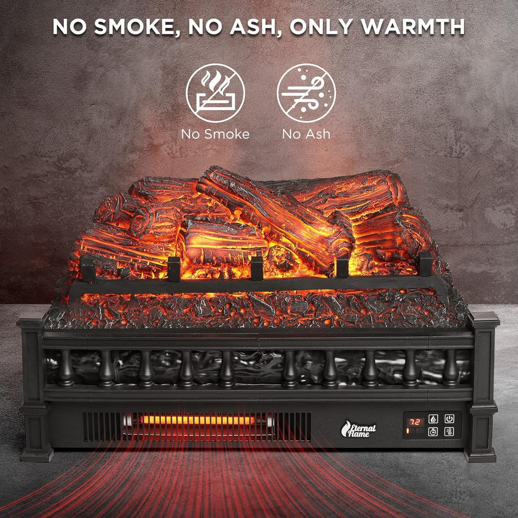 TURBRO Eternal Flame Infrared Electric Fireplace Logs, 23" Remote Control Fireplace Insert Log Heater, Realistic Lemonwood Ember Bed, Thermostat, Timer, 1500W Black